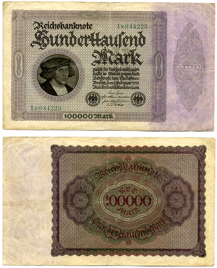 Германия 100000 марок 1923 1 Февраля 1923, выпуск (март 1923-5 Июля 1925), номер шестизначный, серия 1V 055223 Pick 83, Розенберг 82d бумага 8564-33-2-2