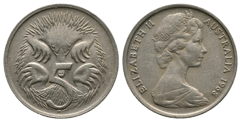 АВСТРАЛИЯ 5 ЦЕНТОВ 1968 ЕЛИЗАВЕТА II, МОЛОДОЙ ПОРТРЕТ, ЕХИДНА KM 64 медно-никель 89-1353