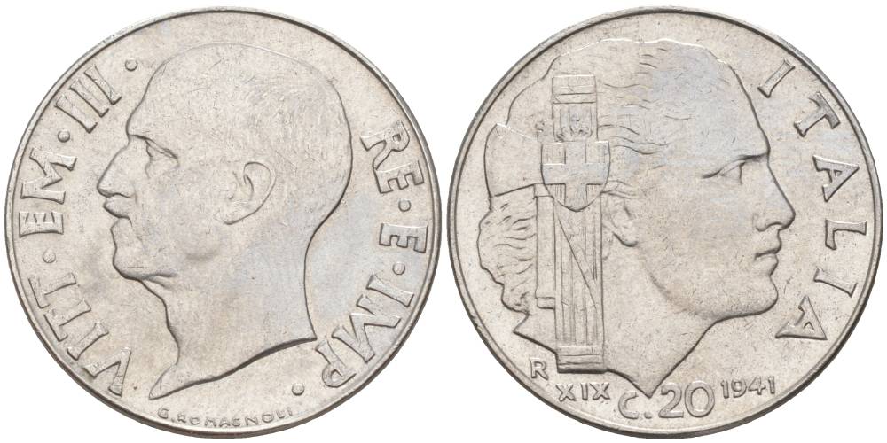 ИТАЛИЯ 20 ЧЕНТЕЗИМО 1941 R, ГОД XIX, ВИКТОР ЭММАНУИЛ III (1900-1946) KM 75b, VEM3. 1028 нержавеющая сталь 3853-736