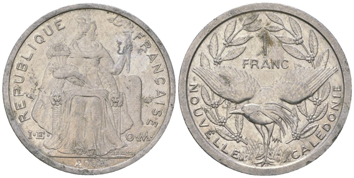 Французская Новая Каледония 1 франк 2006 птица кагу, (IEOM) KM 10, Schoen 10, Lec 52k алюминий 51-331
