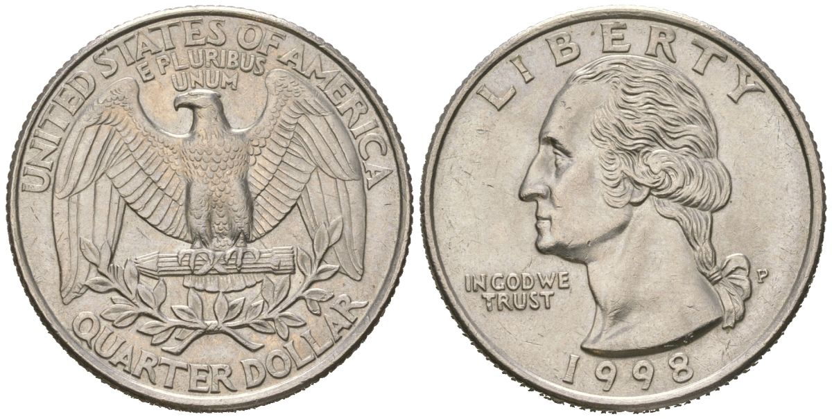 США 25 центов = квотер = 1/4 доллара 1998 P, Джордж Вашингтон KM 164a медь плакированная медно-никелем 216-847