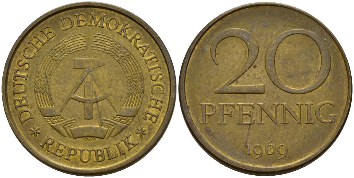 ГДР 20 пфеннигов 1969 A, первый год KM 11 латунь 92-742