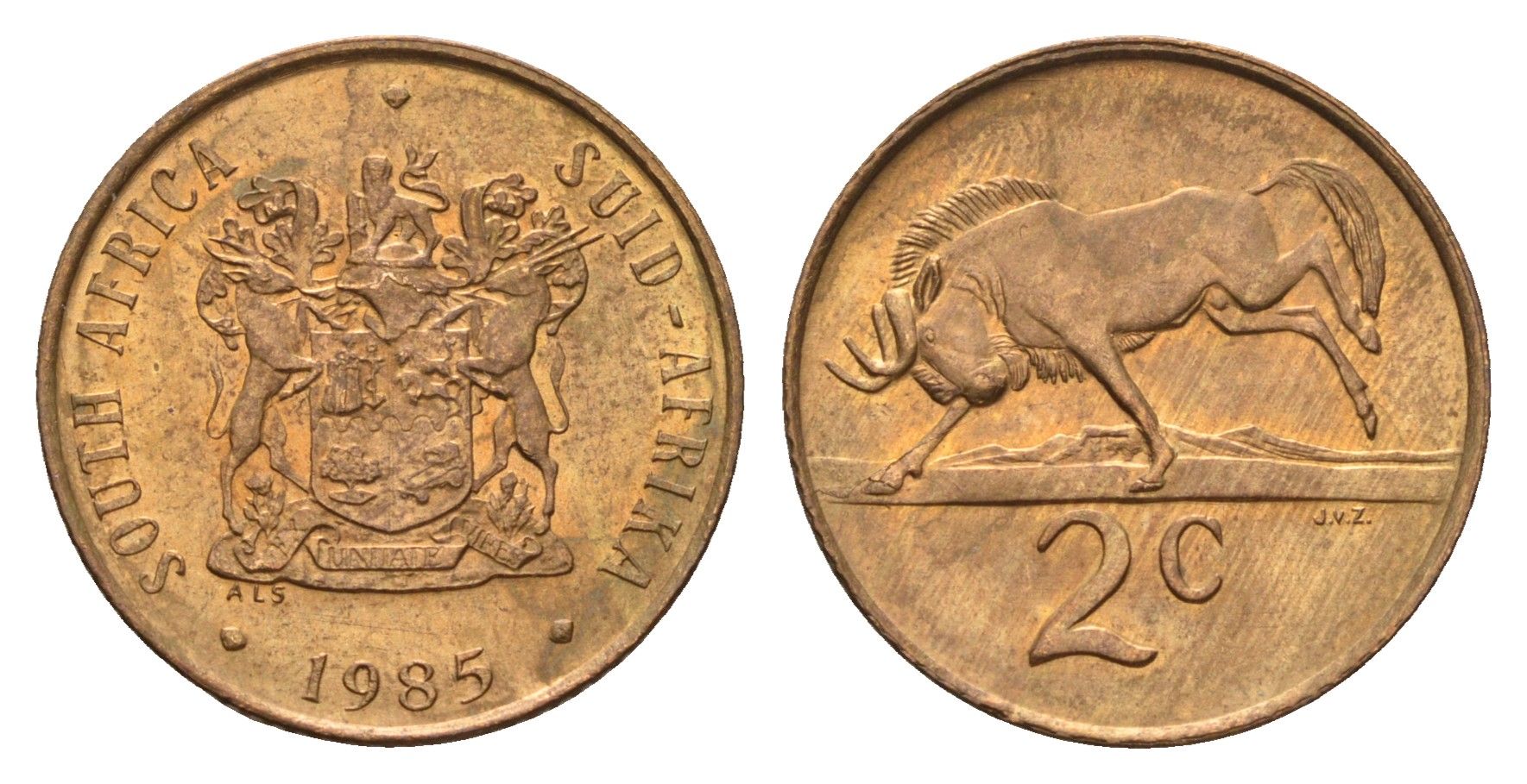 ЮАР 2 цента 1985 герб, антилопа гну KM 83 бронза UNC 4114-652