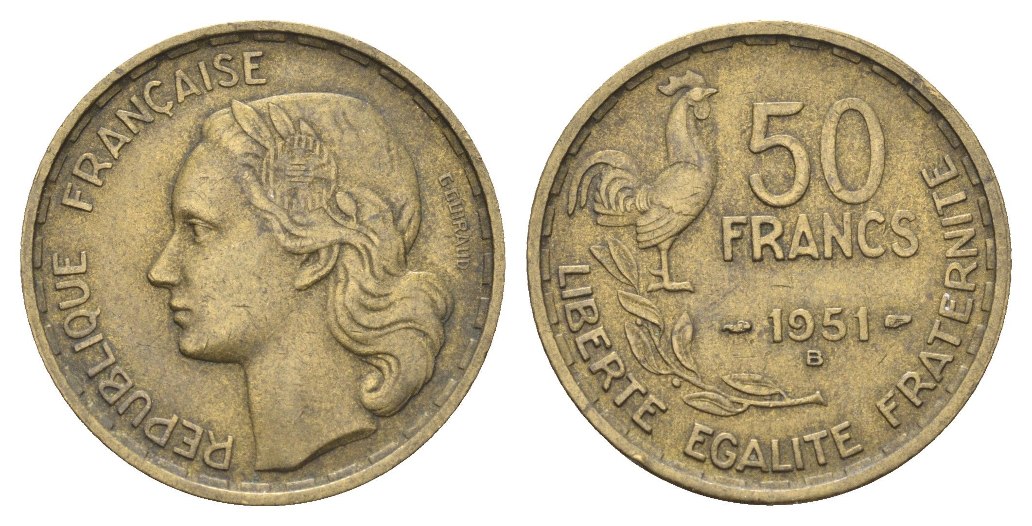 Франция 50 франков 1951 B KM 918.2 алюминиевая бронза    4660-322