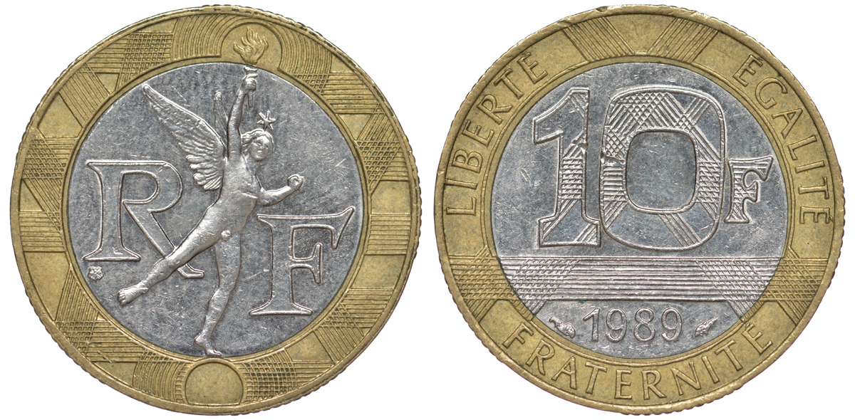 Франция 10 франков 1989 тип гений Бастилии KM 964.1, Le Franc 375.3 биметалл  45-631