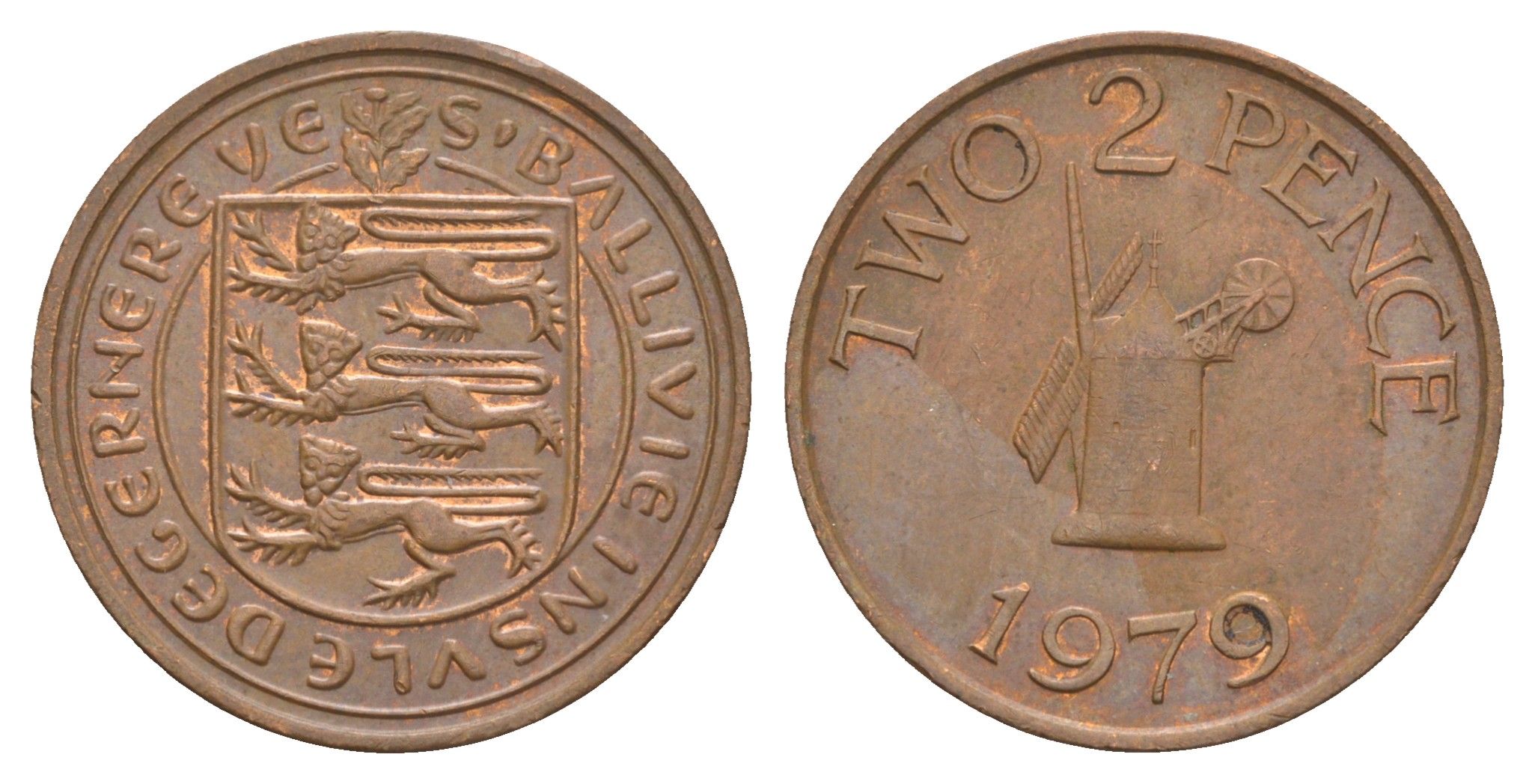 Гернси 2 пенса 1979 Елизавета II (1952-2022), ветряная мельница KM 28 бронза 4656-1111