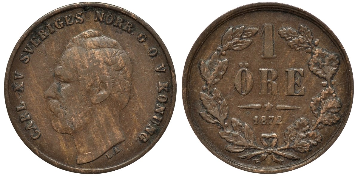Швеция 1 эре 1872 L.A., Карл XV (1859-1872) KM 705 бронза 26-1165
