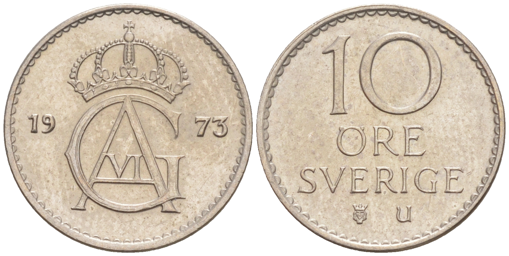 Швеция 10 эре 1973 U, Густав VI Адольф (1950-1973) KM 835 медно-никель UNC 187-825