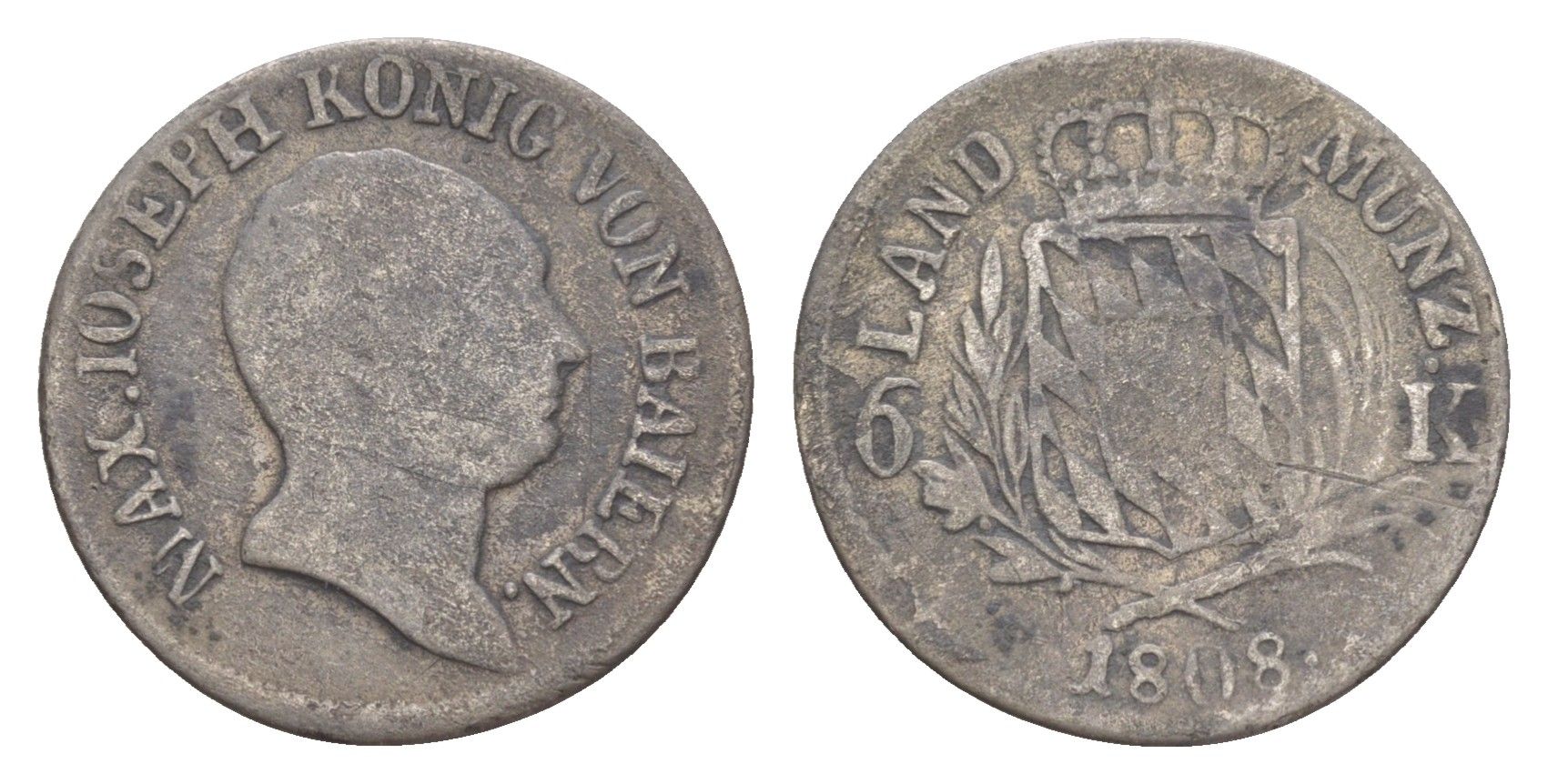 Бавария 6 крейцеров 1808 Максимилиан I (1806-1825) KM 686 серебро 4649-449