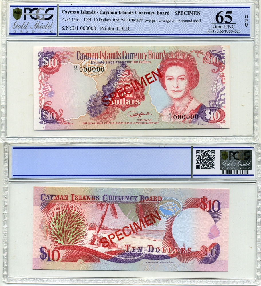Каймановы острова набор из 4 банкнот 1991 образец, Specimen, в слабах PCGS - 5 долларов 65 Gem UNC, 10 долларов 65 Gem UNC, 25 долларов 67 Superb Gem UNC, 100 долларов 68 Superb Gem UNC Pick 12as, 13bs, 14s, 15s бумага 452-1-45