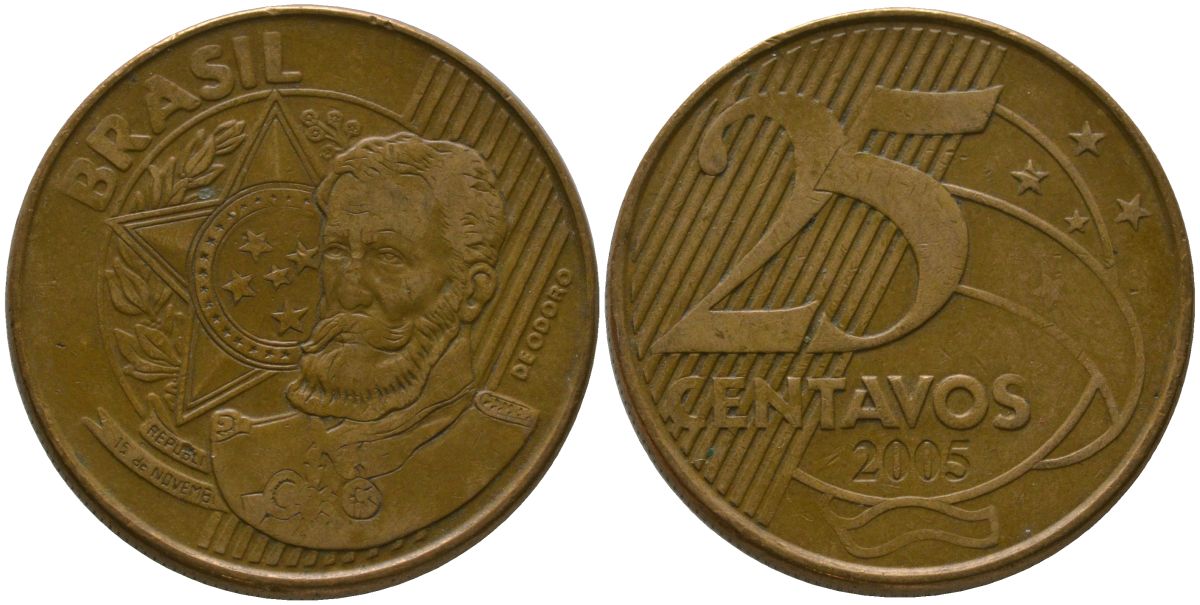 Бразилия 25 сентаво 2005 KM 650, Schon 158 сталь плакированная бронзой 4525-357