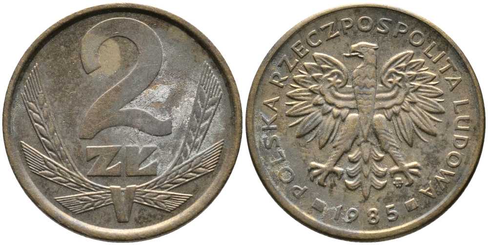 ПОЛЬША 2 ЗЛОТЫХ 1985 MW KM 80.1 латунь 110-854