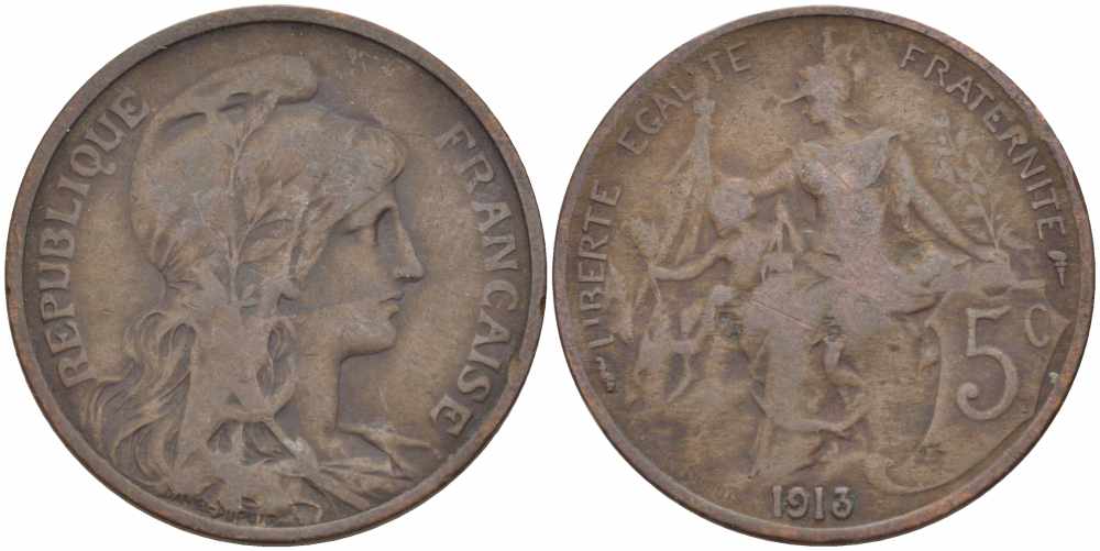 ФРАНЦИЯ 5 САНТИМОВ 1913 ТИП ДАНИЭЛЬ ДЮПЮИ KM 842, LE FRANC 119.25 бронза 108-944