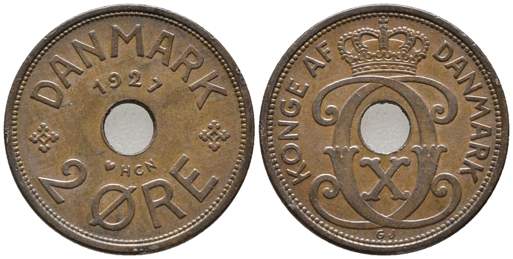 ДАНИЯ 2 ЭРЕ 1927 NCN; GJ, КРИСТИАН X (1912-1947) KM 827.2 бронза 67-151