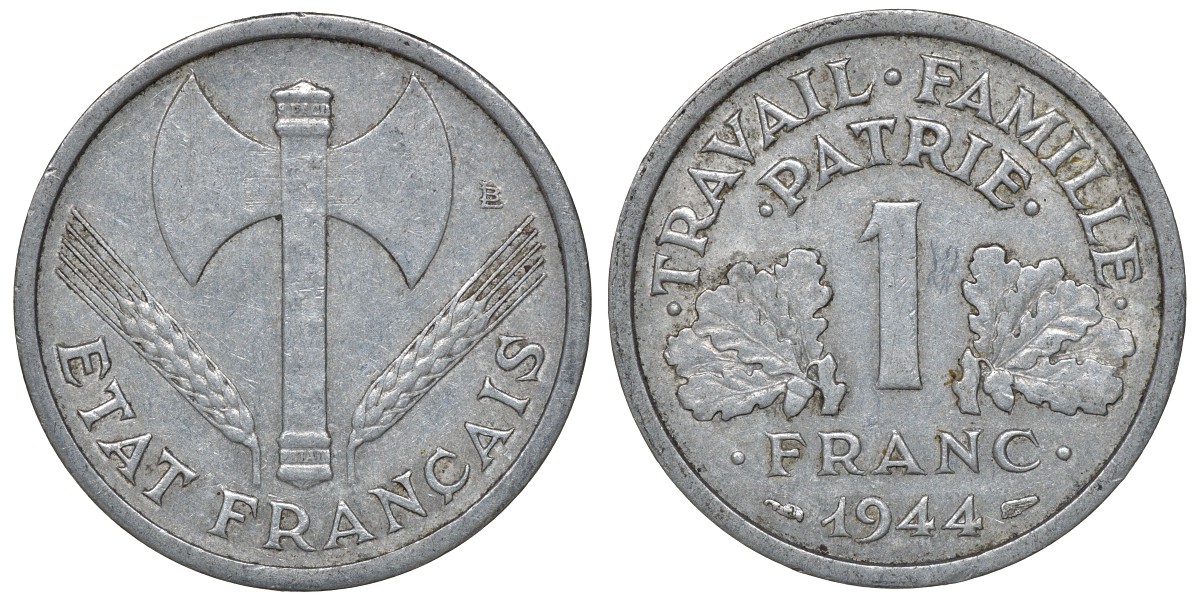 Франция 1 франк 1944 правительство Виши KM 902.1, Le Franc 223.5 алюминий 4163-423
