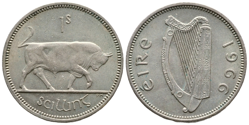 ИРЛАНДИЯ 1 ШИЛЛИНГ 1966 БЫК KM 14а медно-никель 4110-1211