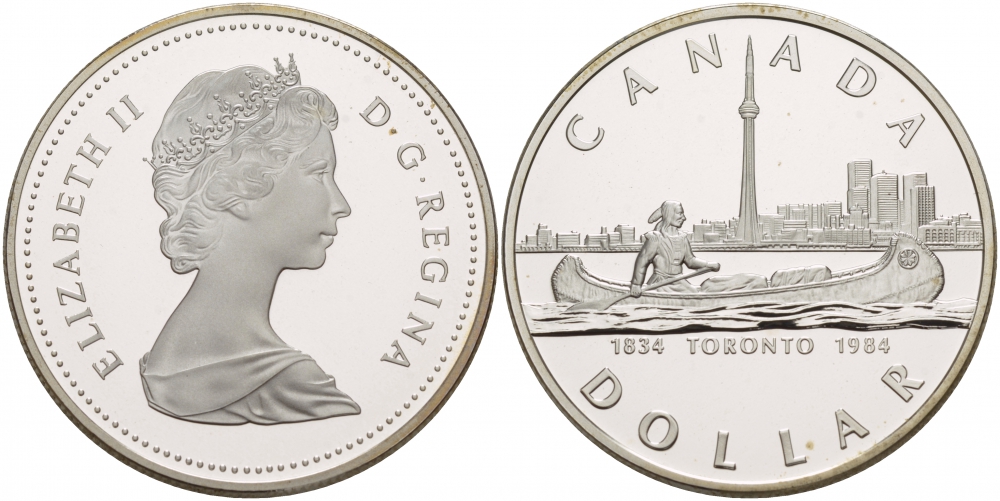Канада 1 доллар 1984 150 лет Торонто, каноэ KM 140 серебро PROOF 1087-6-33