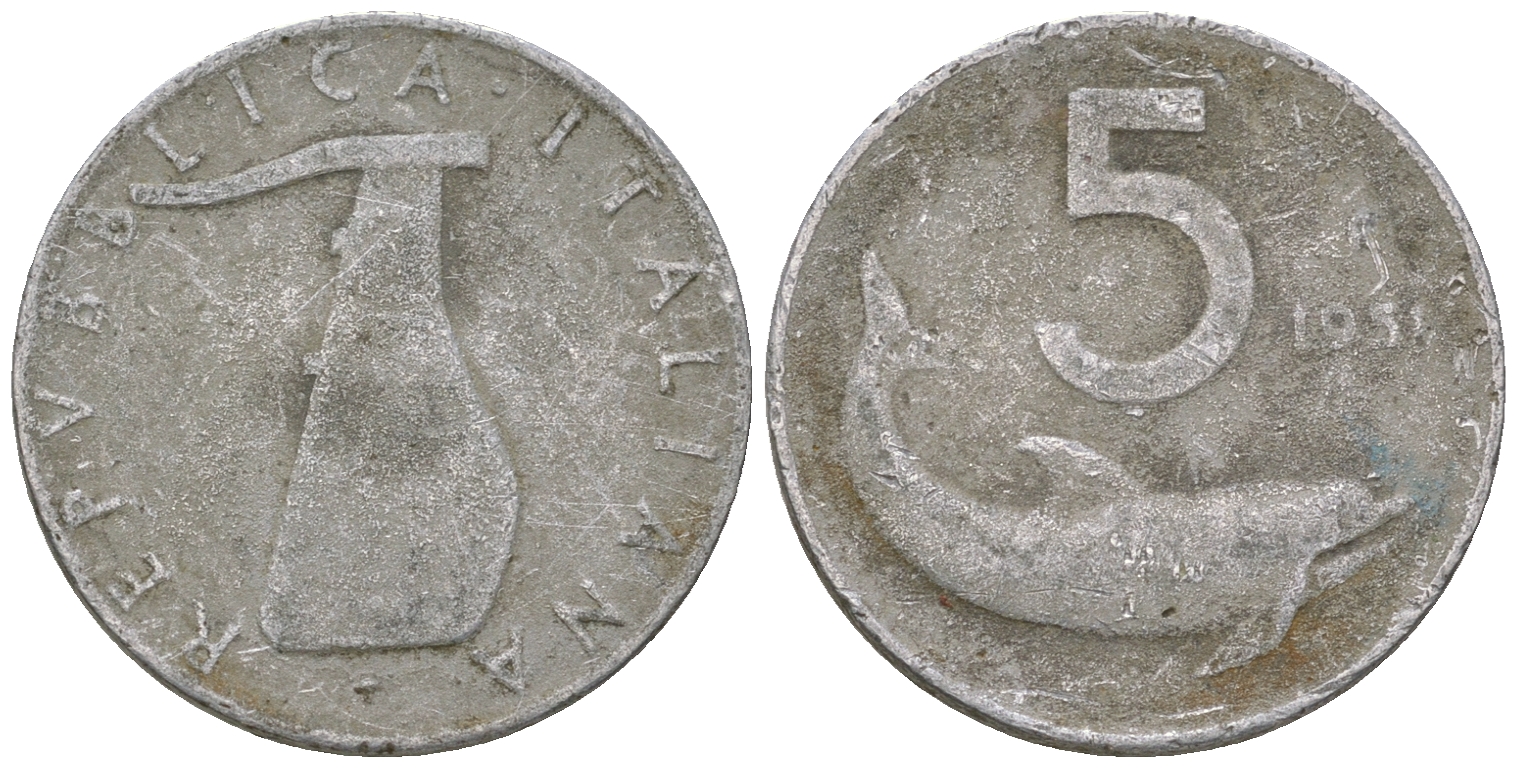 Италия 5 лир 1951 R, руль, дельфин KM 92 алюминий    4576-748