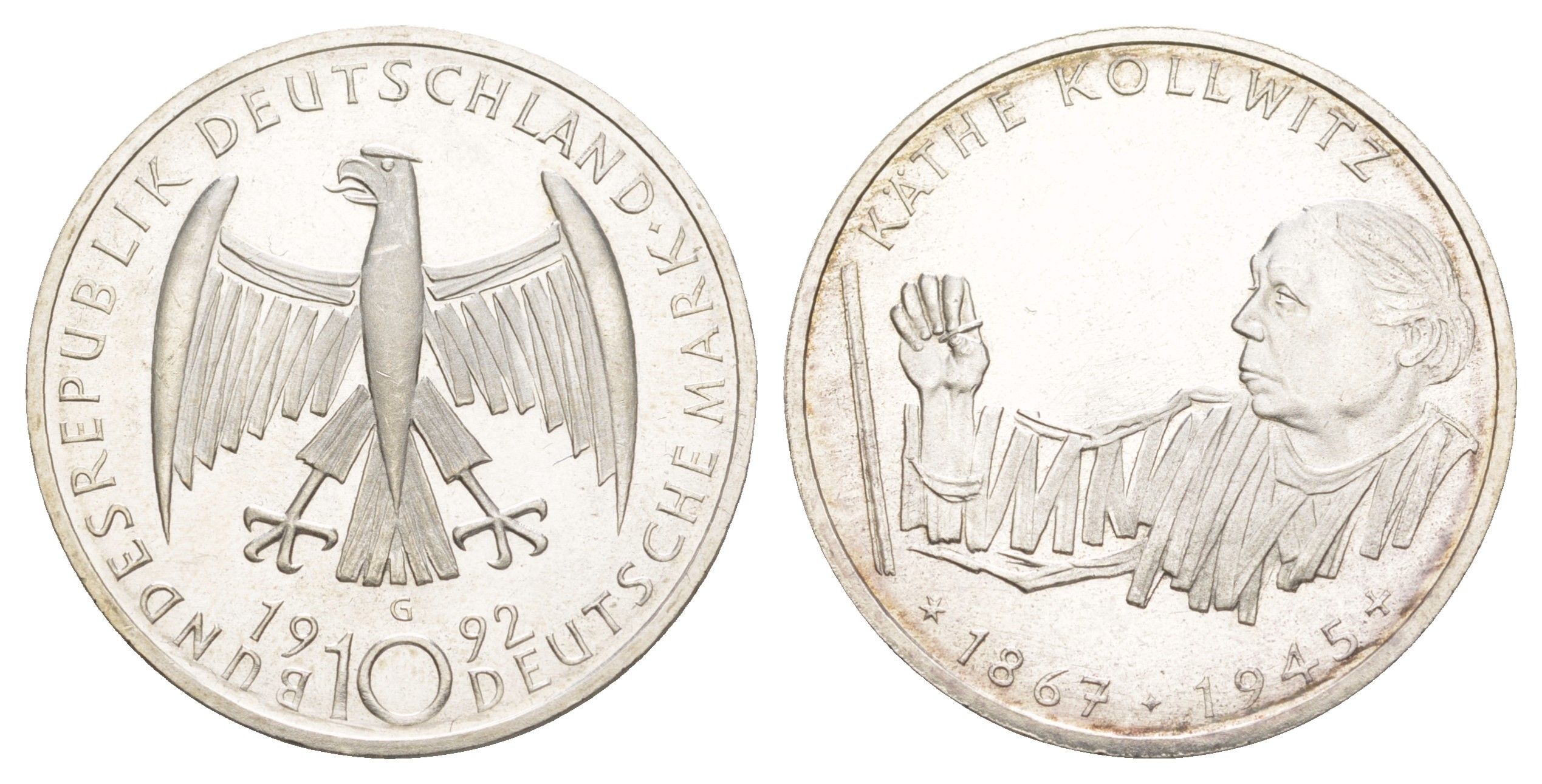 ФРГ 10 марок 1992 G, 125 лет со дня рождения Кете Кольвиц KM 178 серебро UNC 4634-1013