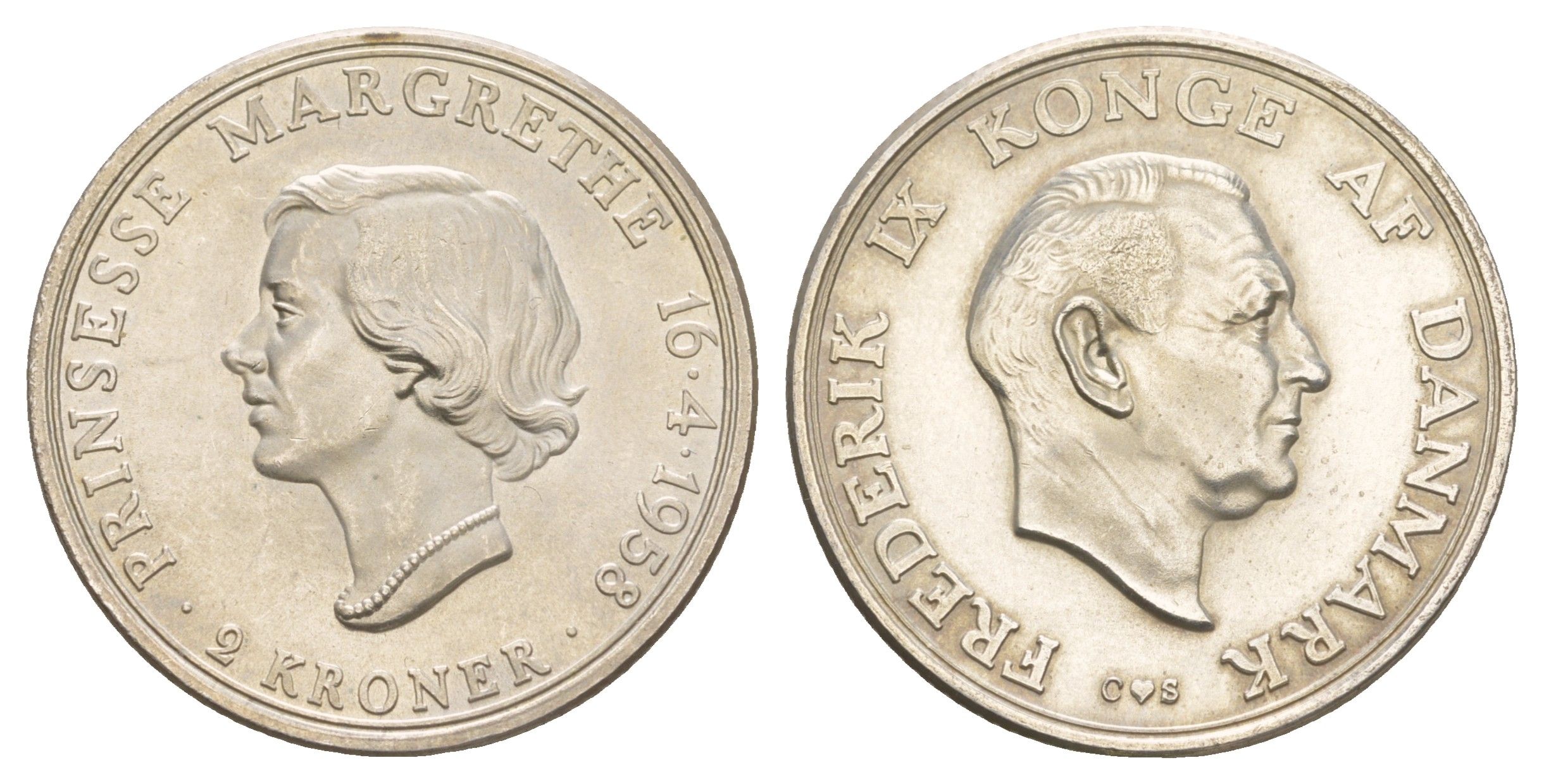 Дания 2 кроны 1958 18 лет Принцессе Маргрете KM 845 серебро BU 413-3115