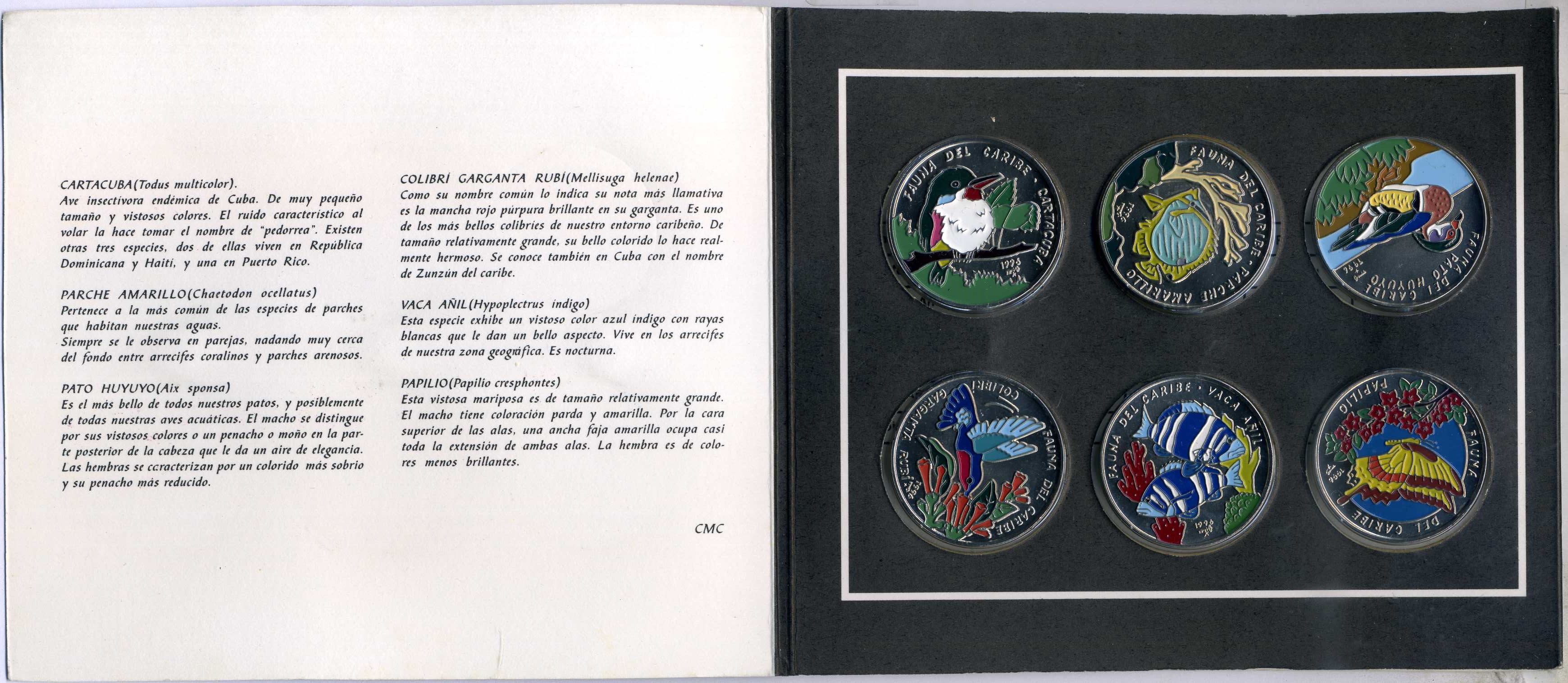 Куба набор из 6 монет по 1 песо 1996 серия карибская фауна эмаль KM 549, 550, 551, 552. 562, 565 UNC 7-5-1-12