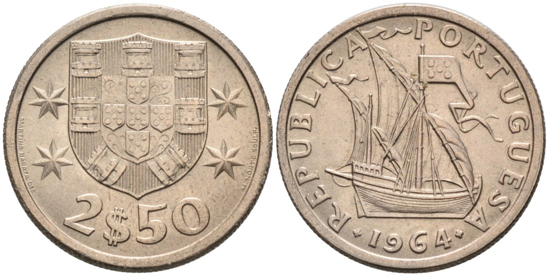 Португалия 2,5 эскудо 1964 парусник KM 590 медно-никель 4567-461