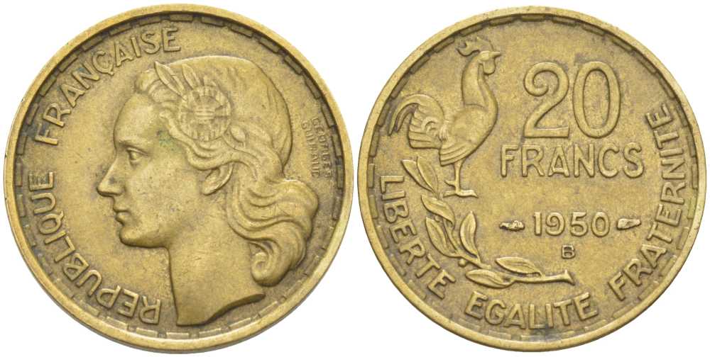 Франция 20 франков 1950 петух, полная подпись, 4 пера KM 916.1, Le Franc 401.3 алюминиевая бронза 175-647