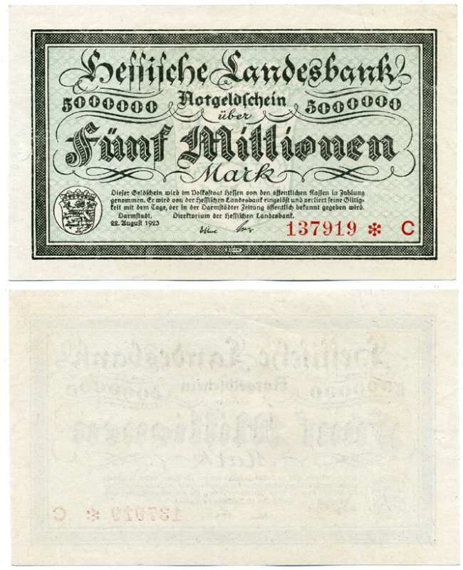 ДАРМШТАДТ, ГЕРМАНИЯ 5000000 МАРОК (5 МИЛЛИОНОВ МАРОК) 1923 22 АВГУСТА 1923, НОТГЕЛЬД, ЗЕМЛЯ ГЕССЕН, НОМЕР, СНЕЖИНКА, СЕРИЯ C, HESSESCHE LANDESBANK Keller 956a бумага аUNC 8613-24-2-2