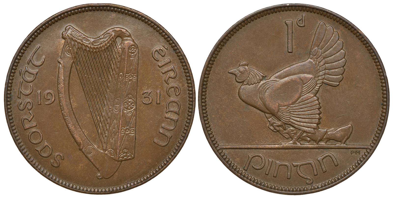 Ирландия 1 пенни 1931 курица с цыплятами KM 3 бронза 4389-624