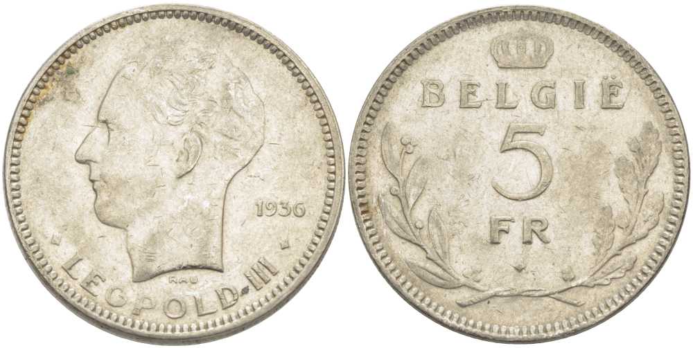 Бельгия 5 франков 1936 Леопольд III (1934-1951), Belgie KM 109 никель 3851-515