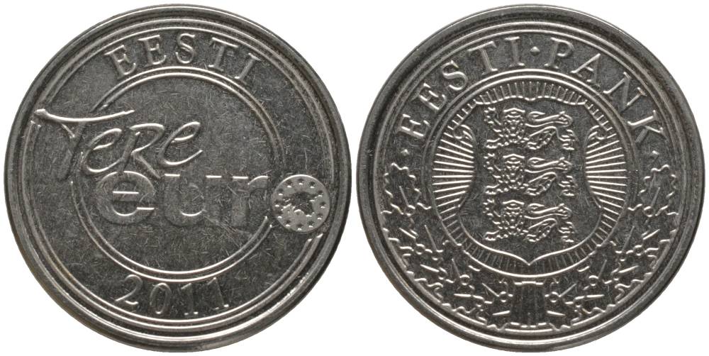 ЭСТОНИЯ ЖЕТОН 2011 TERE EURO (ЗДРАСТВУЙ ЕВРО), ВЕС 3 ГР., ДМИАМЕТР 20 ММ., ТОЛЩИНА 1,25 ММ., ТИРАЖ 700000 ЭКЗ., МАГНИТНЫЙ, МЕДАЛЬНАЯ РОТАЦИЯ, ГУРТ ГЛАДКИЙ никелированная сталь 181-137
