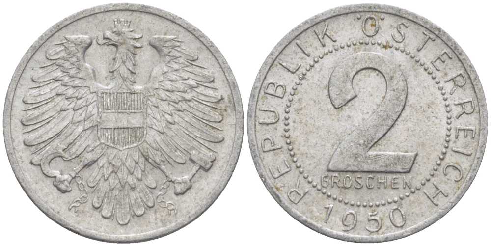 АВСТРИЯ 2 ГРОША 1950 KM 2876 алюминий 75-534