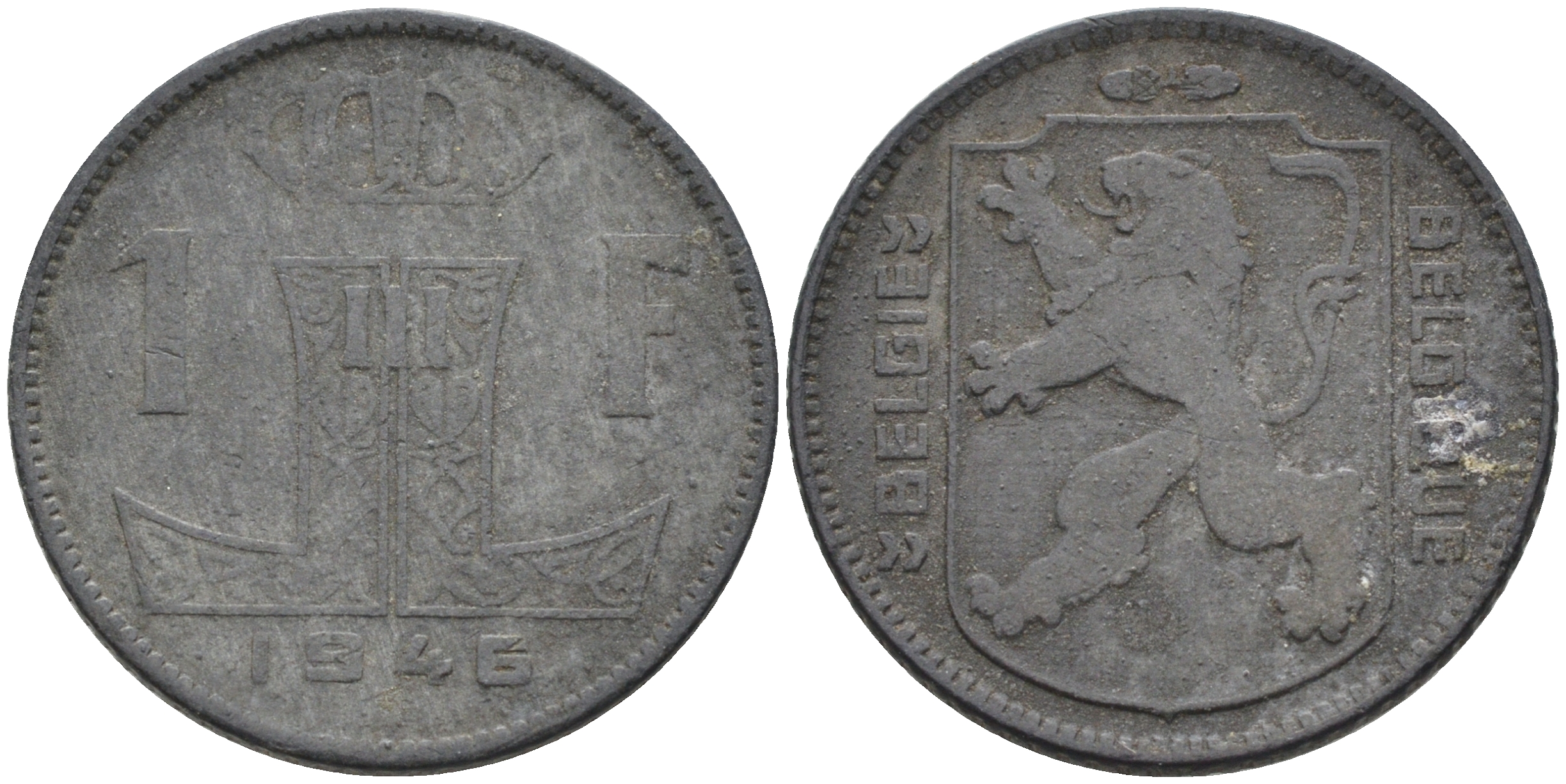 Бельгия 1 франк 1946 BELGIE-BELGIQUE, немецкая оккупация KM 128 цинк 4592-512