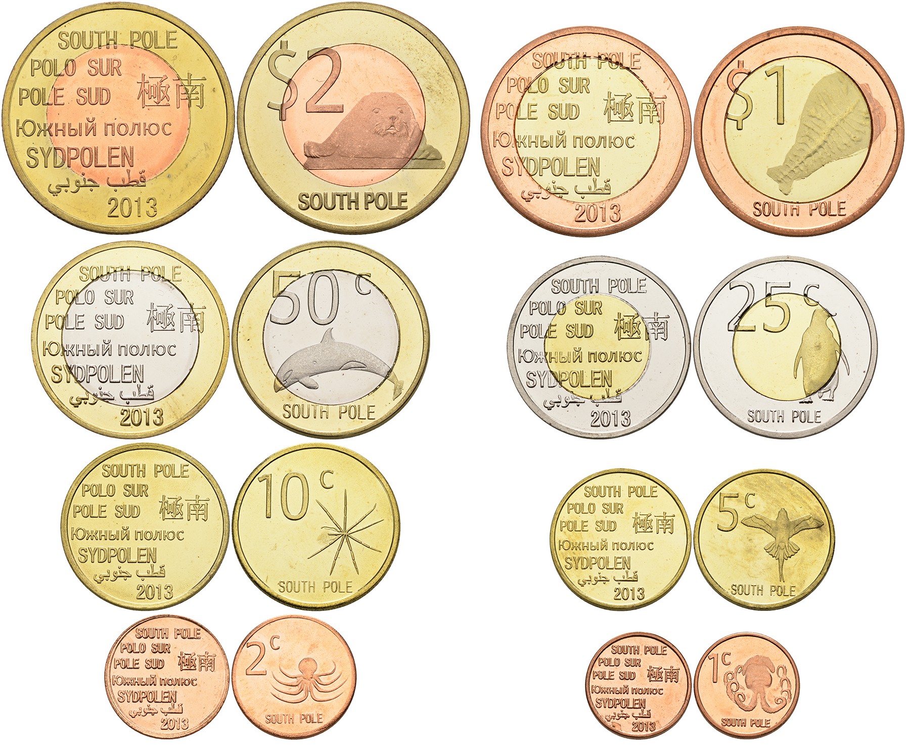 Южный полюс лот из 8 монет 2013 (1, 2, 5, 10, 25, 50 центов, 1, 2 доллара) животные, 4 монеты биметалл UNC 00-00