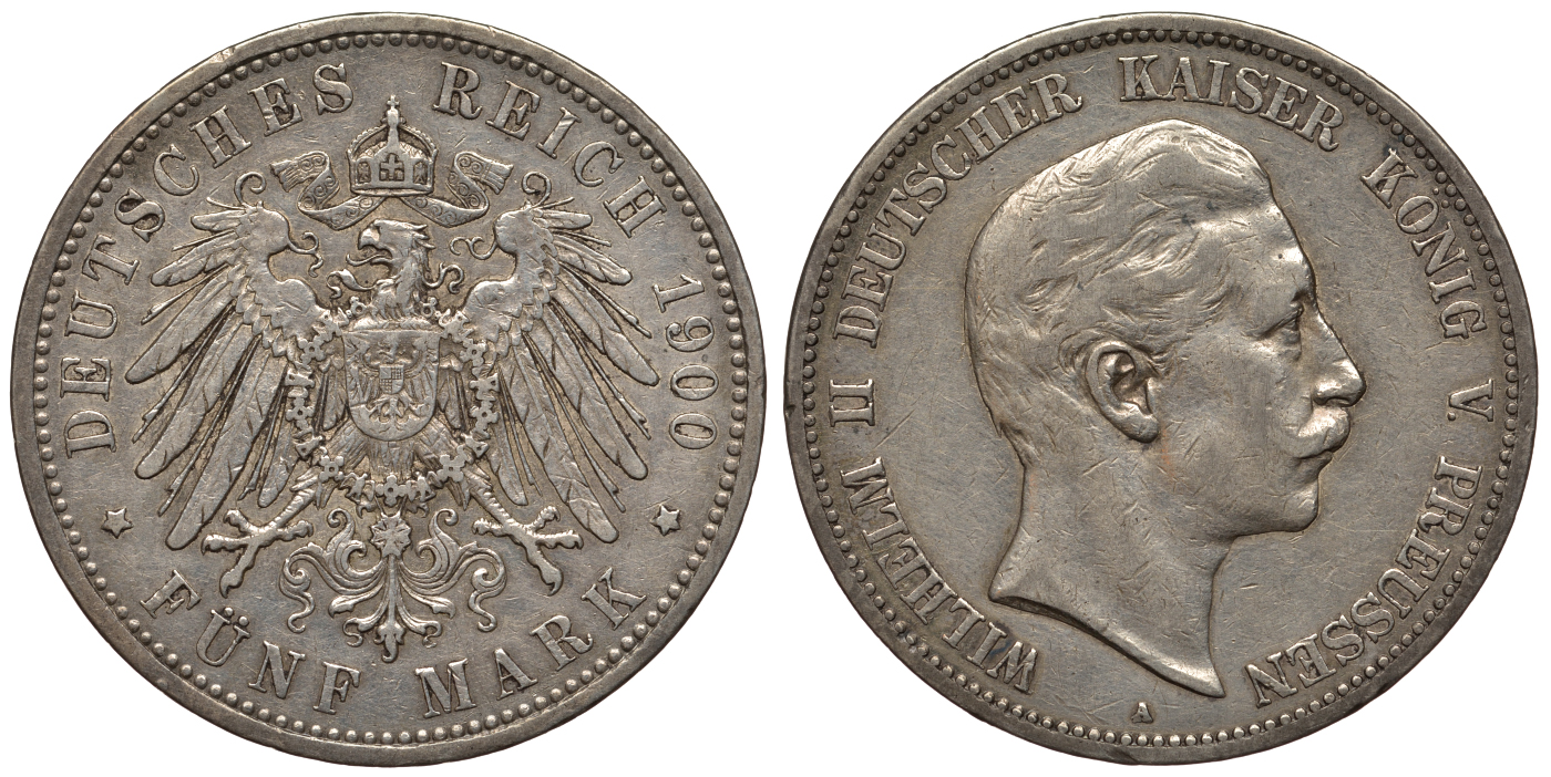 Пруссия 5 марок 1900 Вильгельм II (1888-1918) KM 523, J. 104 серебро 00-1067-10-32