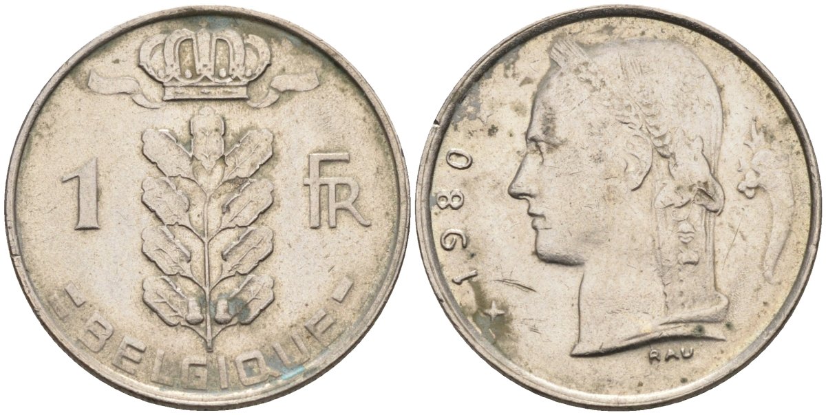 Бельгия 1 франк 1980 BELGIQUE KM 142.1 медно-никель 4586-655