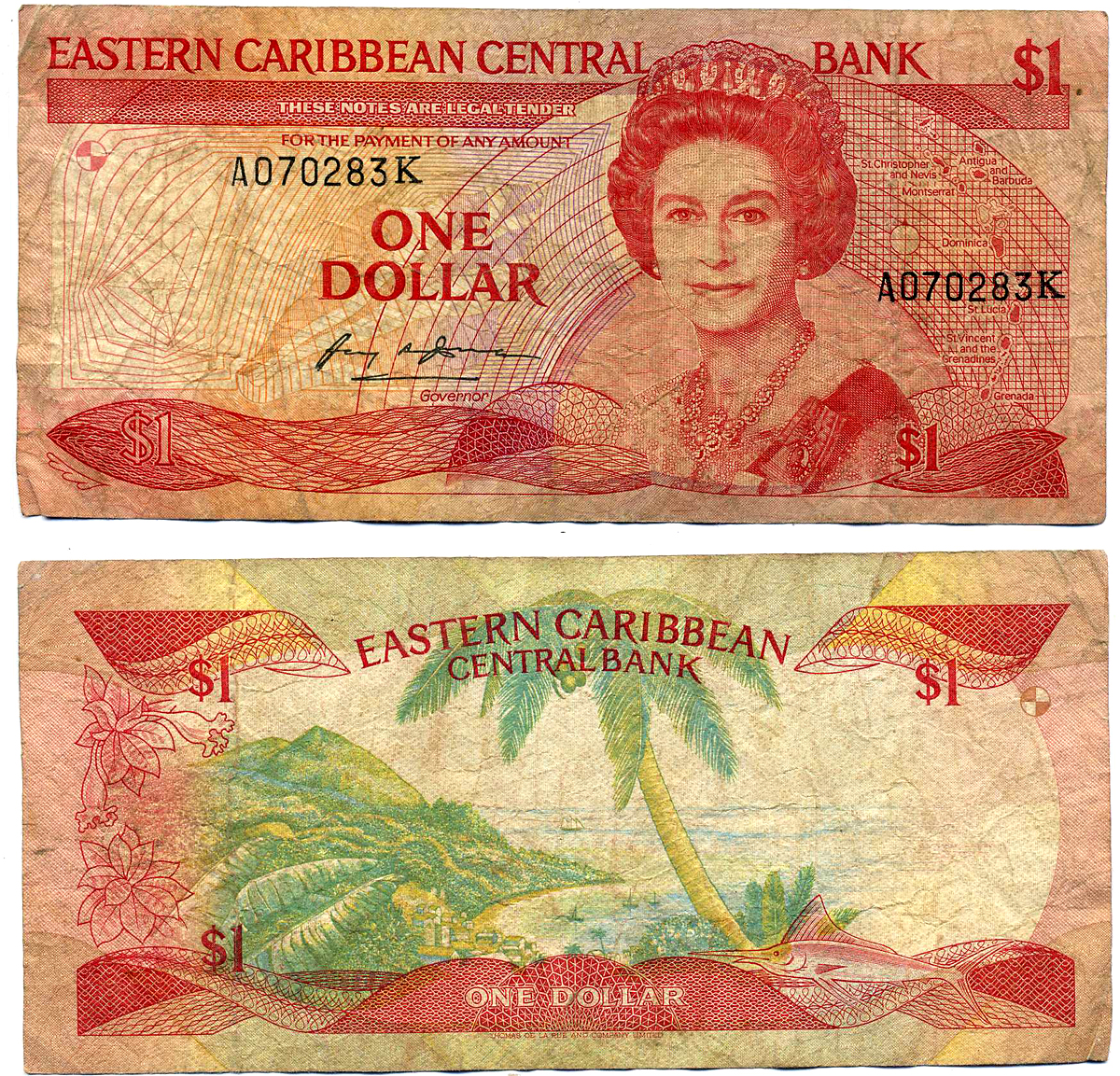 Восточно-Карибские штаты 1 доллар 1988-1989 TDLR, буква K Pick 21k бумага VF 2197-32-1-1