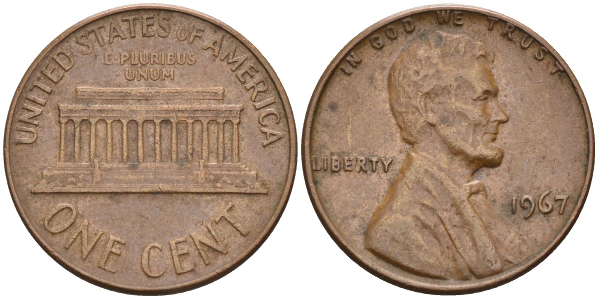 США 1 цент 1967 Линкольн KM 201 медь цинк 4115-841