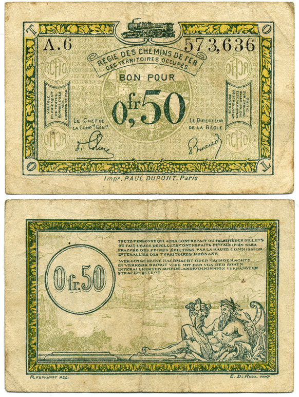 ФРАНЦИЯ 0,50 ФРАНКА 1910-е ТРЕБОВАНИЕ НА 0,50 ФРАНКА ДЛЯ ПРОЕЗДА ПО ЖЕЛЕЗНЫМ ДОРОГАМ НА ОККУПИРОВАНЫХ ТЕРРИТОРИЯХ бумага 7523-56-4-2