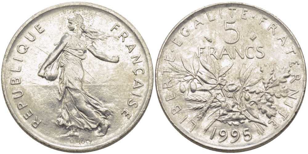 ФРАНЦИЯ 5 ФРАНКОВ 1995 СЕЯТЕЛЬ KM 926а.1, LE FRANC 341.31 медно-никель плакированный никелем 111-1146