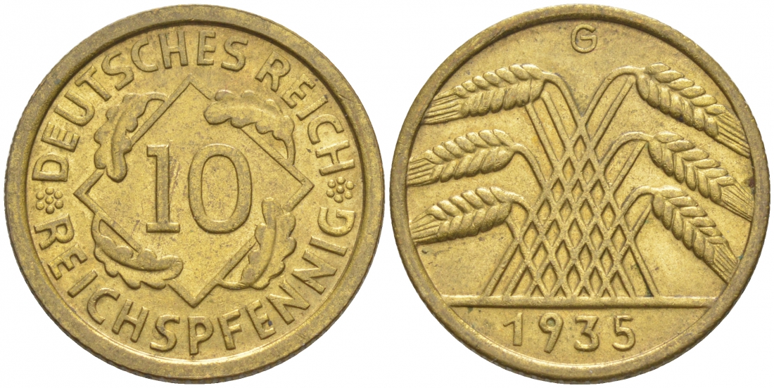 ГЕРМАНИЯ 10 РЕЙХСПФЕННИГОВ 1935 G, KM 40, J. 317 алюминиевая бронза UNC 73-315