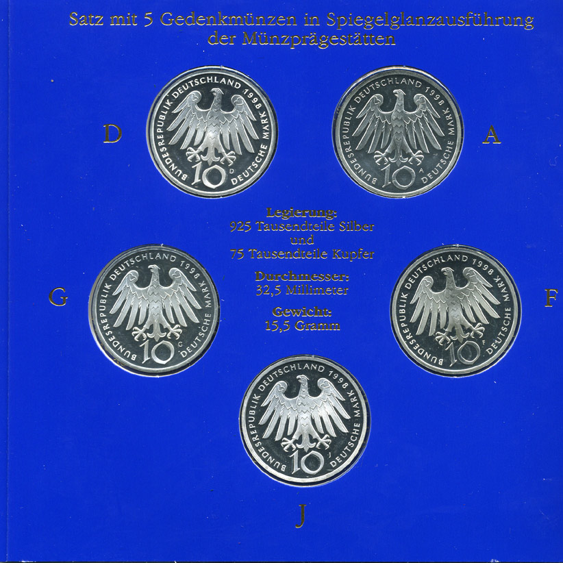 ФРГ набор из 5 штук по 10 марок 1998 A, D, F, G, J, 900 лет со дня рождения Хильдегарда Бингенская KM 193 серебро PROOF 6-5-2-2