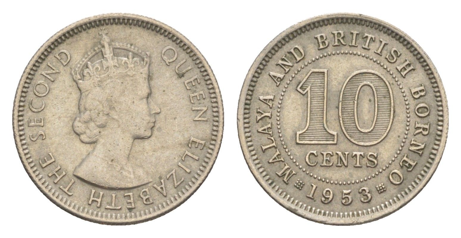 Малайя и Британское Борнео 10 центов 1953 KM 2 медно-никель 4636-163