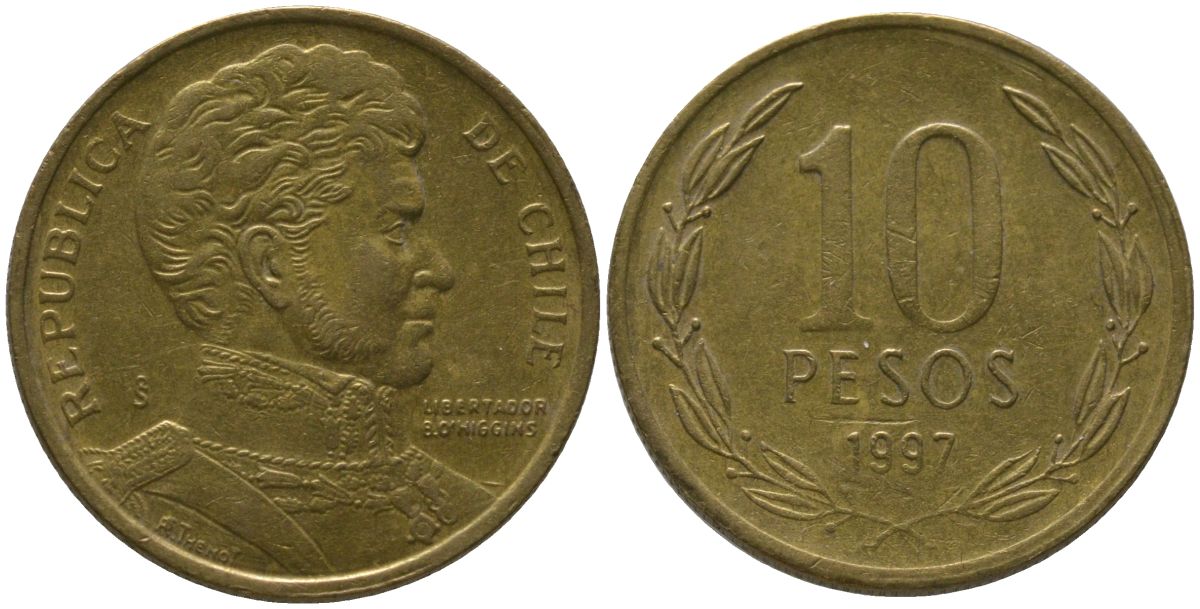 Чили 10 песо 1997 So KM 228.2, Schon 82 алюминиевая бронза 4544-627
