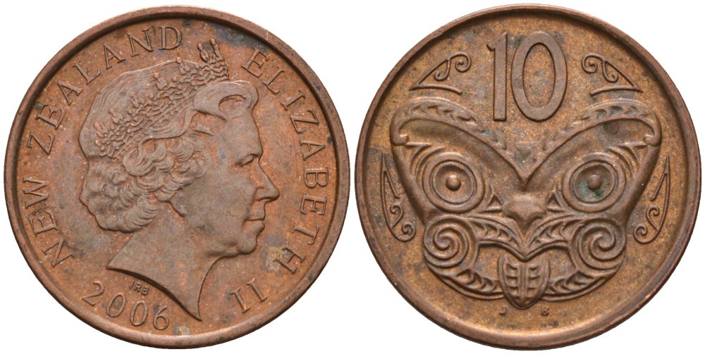 Новая Зеландия 10 центов 2006 Елизавета II (1952-2022), маска маори KM 117а сталь плакированная медью 117-215
