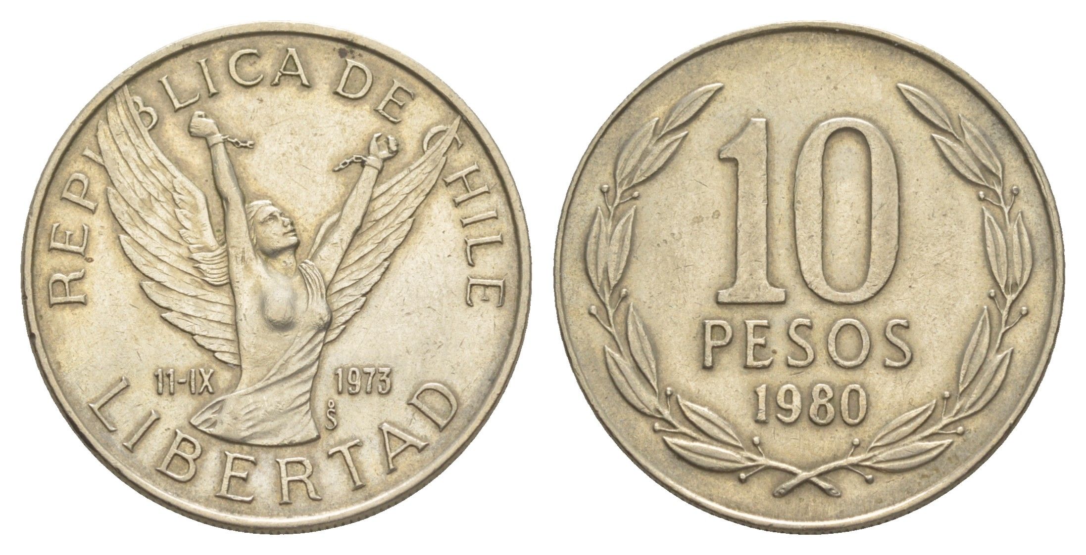 Чили 10 песо 1980 KM 210 медно-никель 4641-517