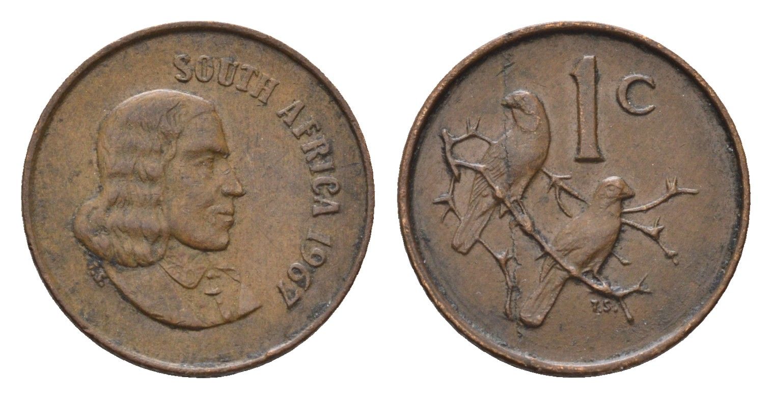 ЮАР 1 цент 1967 Ян ван Рибек (1619-1677), South Africa, легенда на африкаанс, капские воробьи KM 65.1 бронза 4690-1156