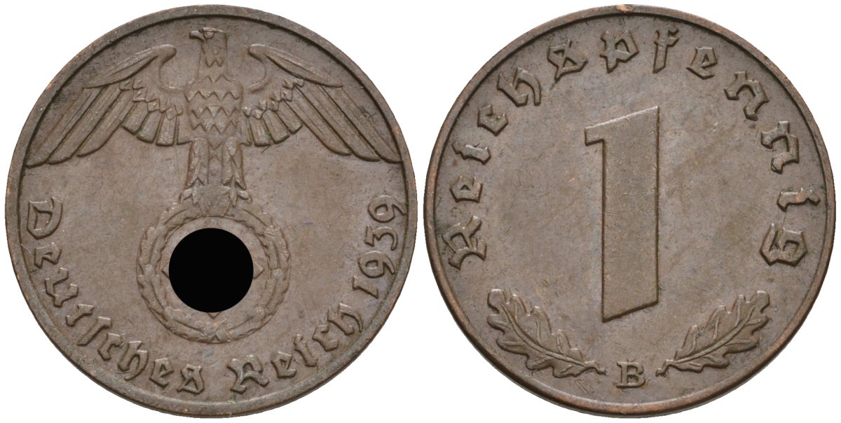 Германия 1 рейхспфенниг 1939 B KM 89, J 361 бронза 4392-749