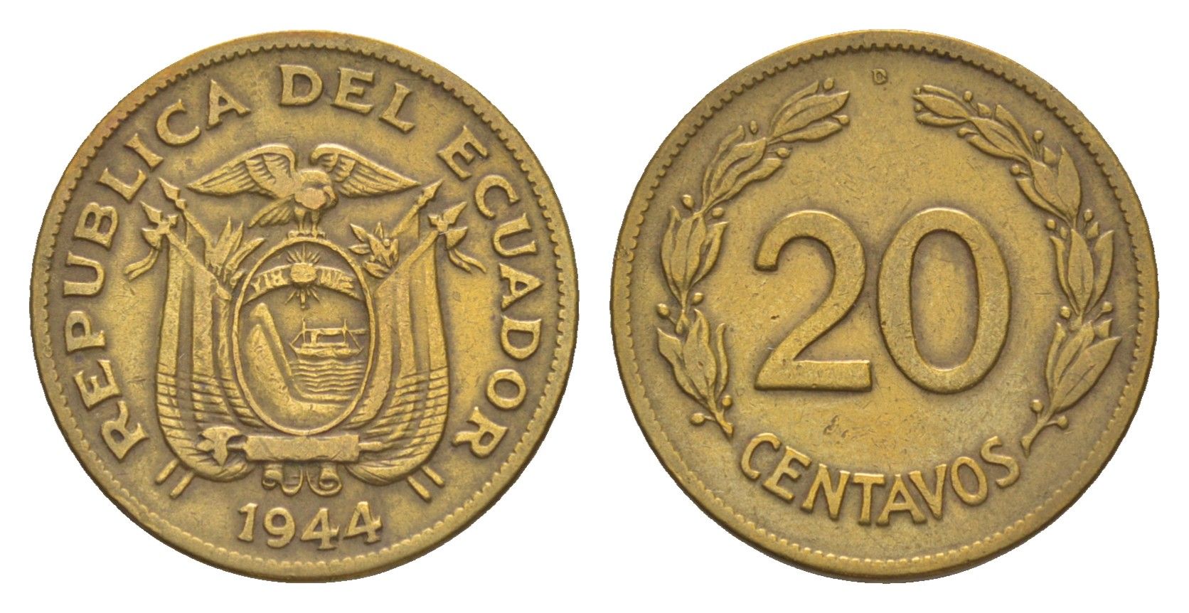 Эквадор 20 сентаво 1944 KM 77.1a латунь 4640-1222