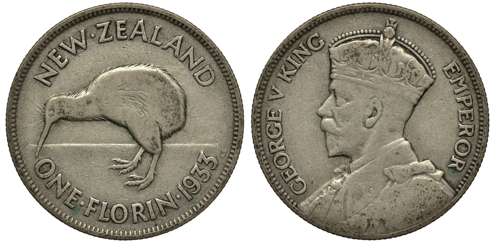 Новая Зеландия 1 флорин 1933 Георг V (1910-1936), птичка киви KM 4 серебро 272-1133